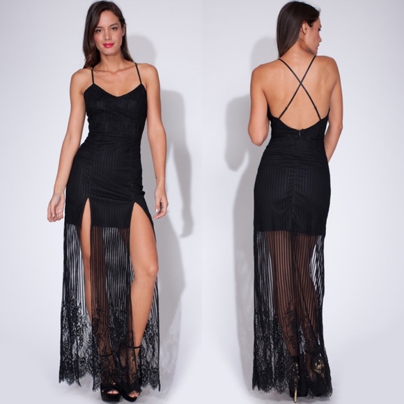Black Lace Double High Slit Bodycon Maxi Dress - Picture 2 of 14